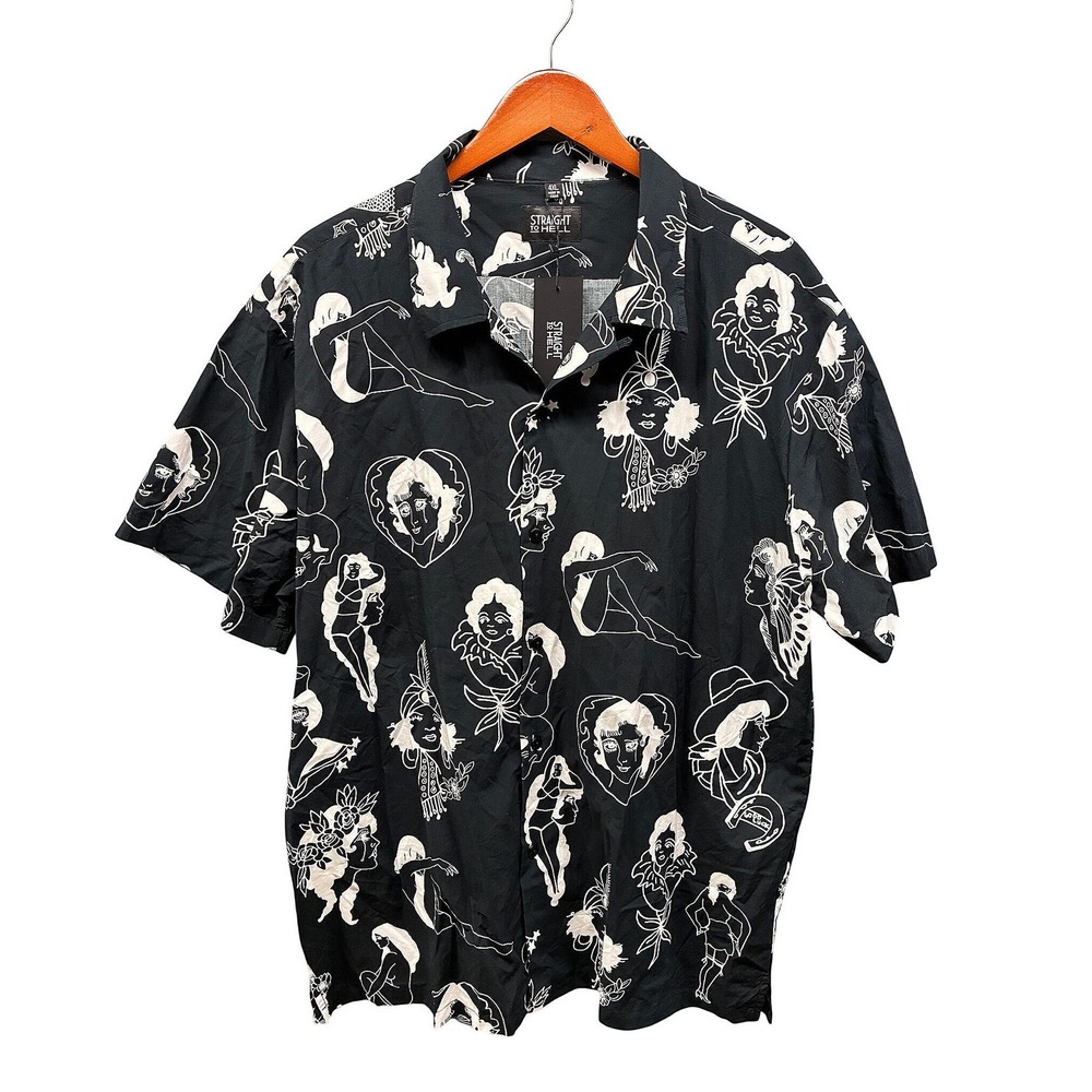 Straight To Hell Mens 4XL Tattoo Flash Pin-up Girl Print Button Front Shirt NWT